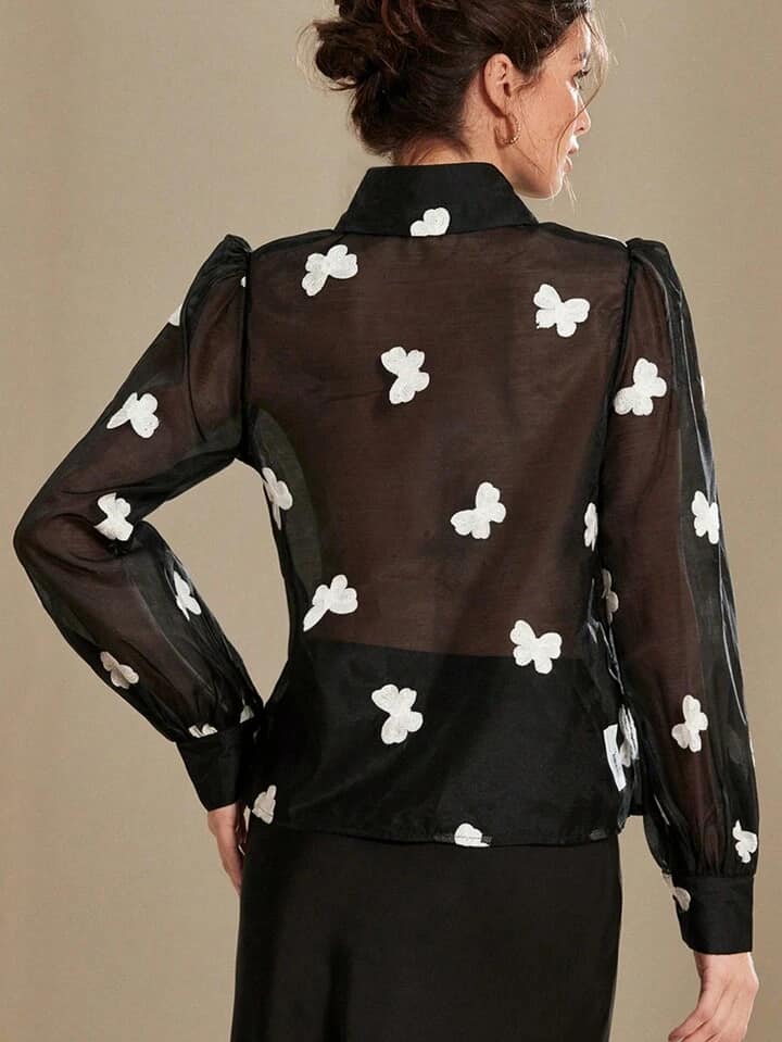 CM-TS286881 Women Casual Seoul Style Butterfly Embroidered Bishop Sleeve See-Through Collared Shirt