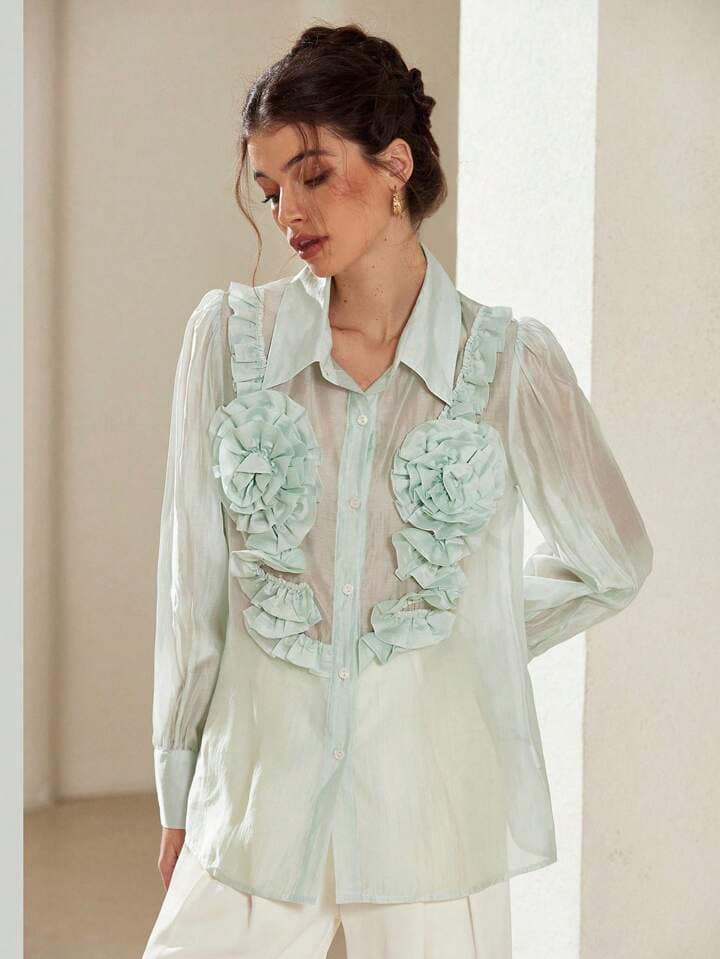 CM-TS396359 Women Elegant Seoul Style Floral 3D Decor Turn-Down Collar Button Long Sleeve Shirt
