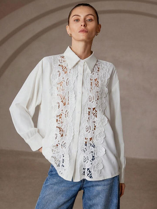 CM-TS227533 Women Elegant Seoul Style Floral Applique Long Sleeve Button-Up Shirt - White