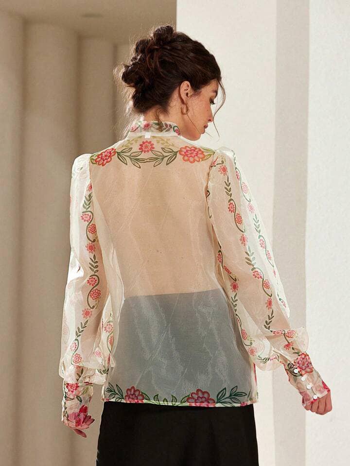 CM-TS033712 Women Trendy Bohemian Style V-Neck Floral Organza Puff Sleeve Buttoned Shirt