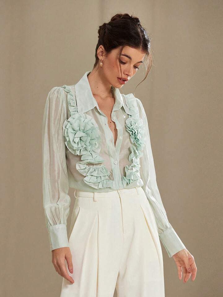CM-TS396359 Women Elegant Seoul Style Floral 3D Decor Turn-Down Collar Button Long Sleeve Shirt