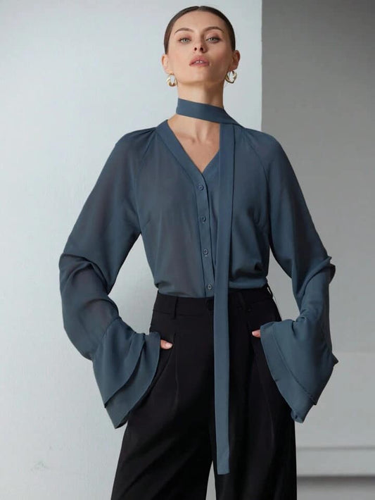 CM-TS545045 Women Elegant Seoul Style Chiffon Sheer Ruffle Sleeve Stand Collar Long Sleeve Blouse
