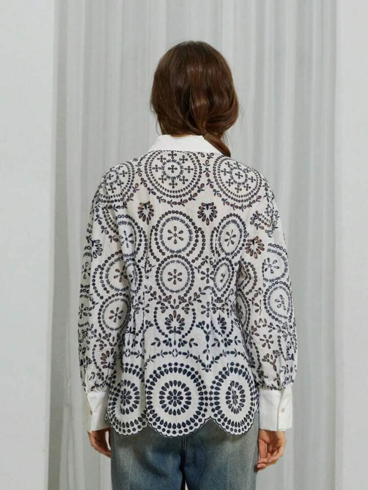 CM-BS876507 Women Trendy Bohemian Style Long Sleeve Trim Line Embroidered Collar Splicing Blouse