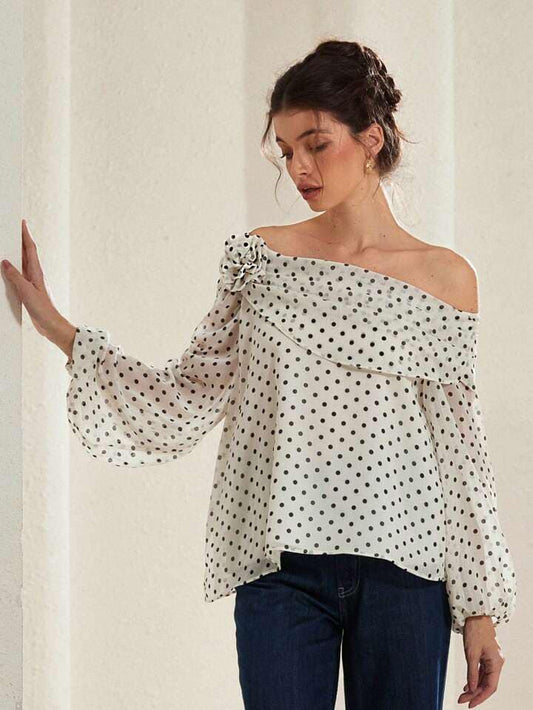 CM-TS429949 Women Elegant Seoul Style Slopped Shoulder Chiffon Floral Decor Polka Dot Long Sleeve Shirt
