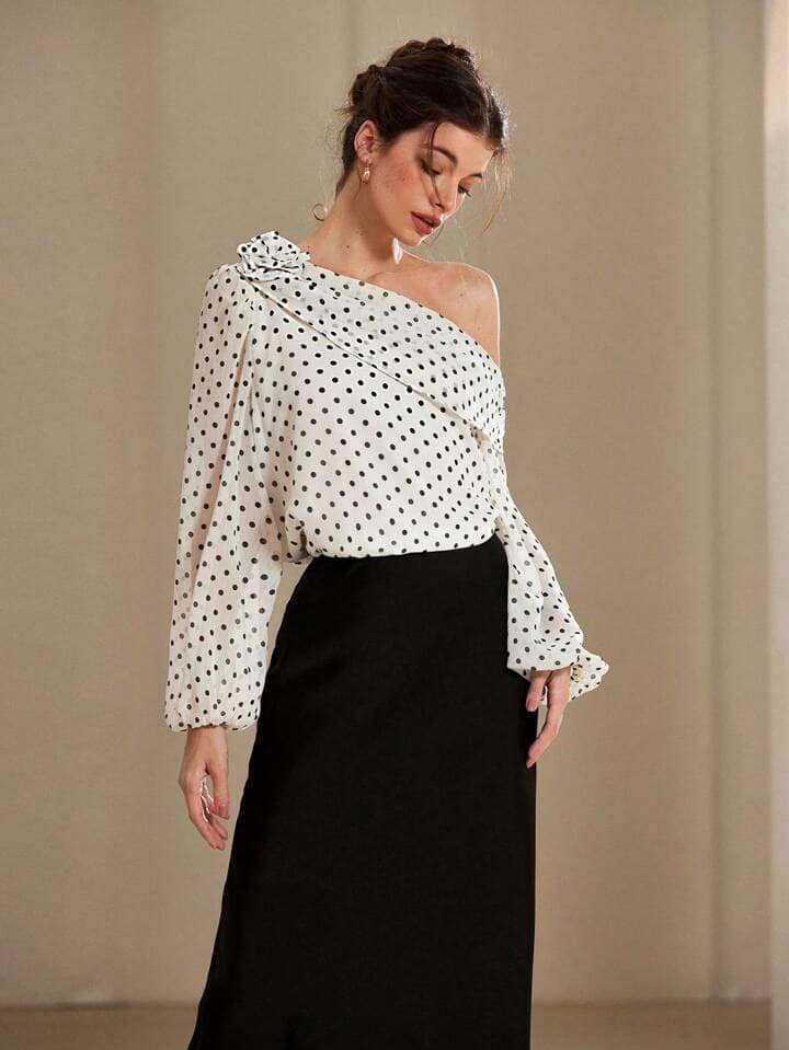 CM-TS429949 Women Elegant Seoul Style Slopped Shoulder Chiffon Floral Decor Polka Dot Long Sleeve Shirt