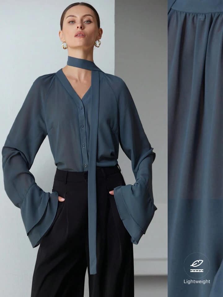 CM-TS545045 Women Elegant Seoul Style Chiffon Sheer Ruffle Sleeve Stand Collar Long Sleeve Blouse