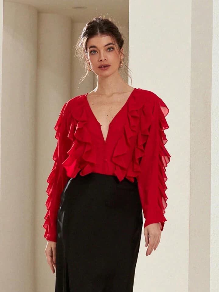CM-TS974718 Women Elegant Seoul Style Chiffon V-Neck Button Layered Ruffle Long Sleeve Blouse - Red