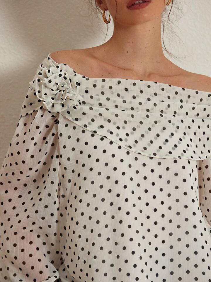 CM-TS429949 Women Elegant Seoul Style Slopped Shoulder Chiffon Floral Decor Polka Dot Long Sleeve Shirt