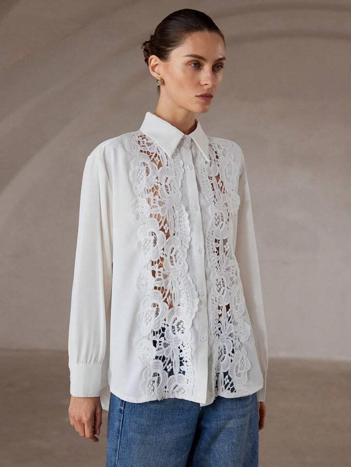 CM-TS227533 Women Elegant Seoul Style Floral Applique Long Sleeve Button-Up Shirt - White