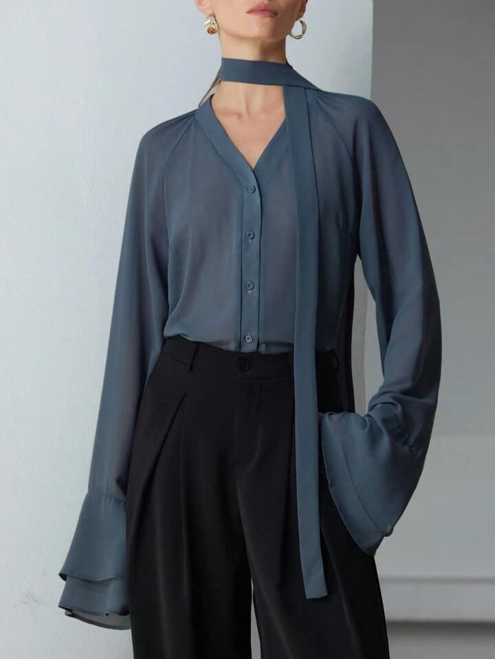 CM-TS545045 Women Elegant Seoul Style Chiffon Sheer Ruffle Sleeve Stand Collar Long Sleeve Blouse