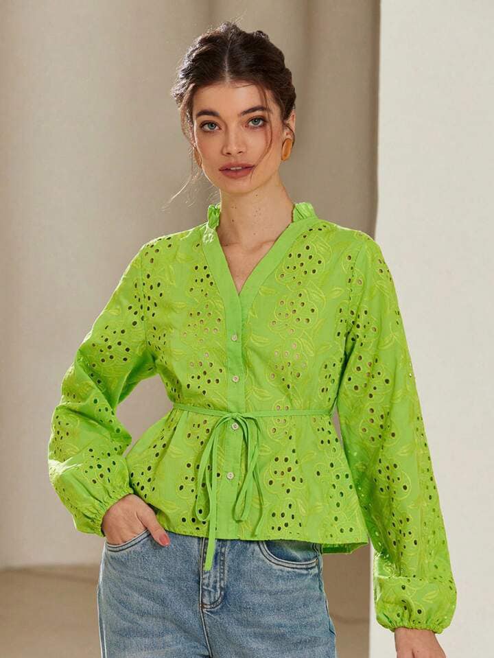CM-TS799145 Women Trendy Bohemian Style V-Neck Hollow Embroidered Lantern Sleeve Tie Hem Blouse