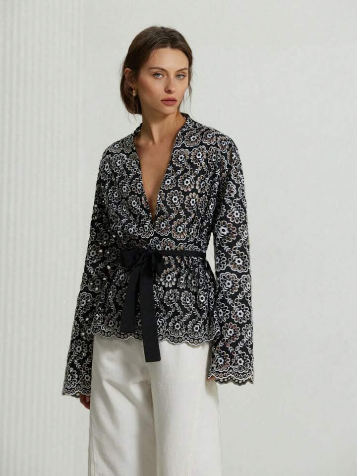 CM-TS999170 Women Trendy Bohemian Style Embroidered Self-Tie Waist V-Neck Lantern Sleeve Blouse