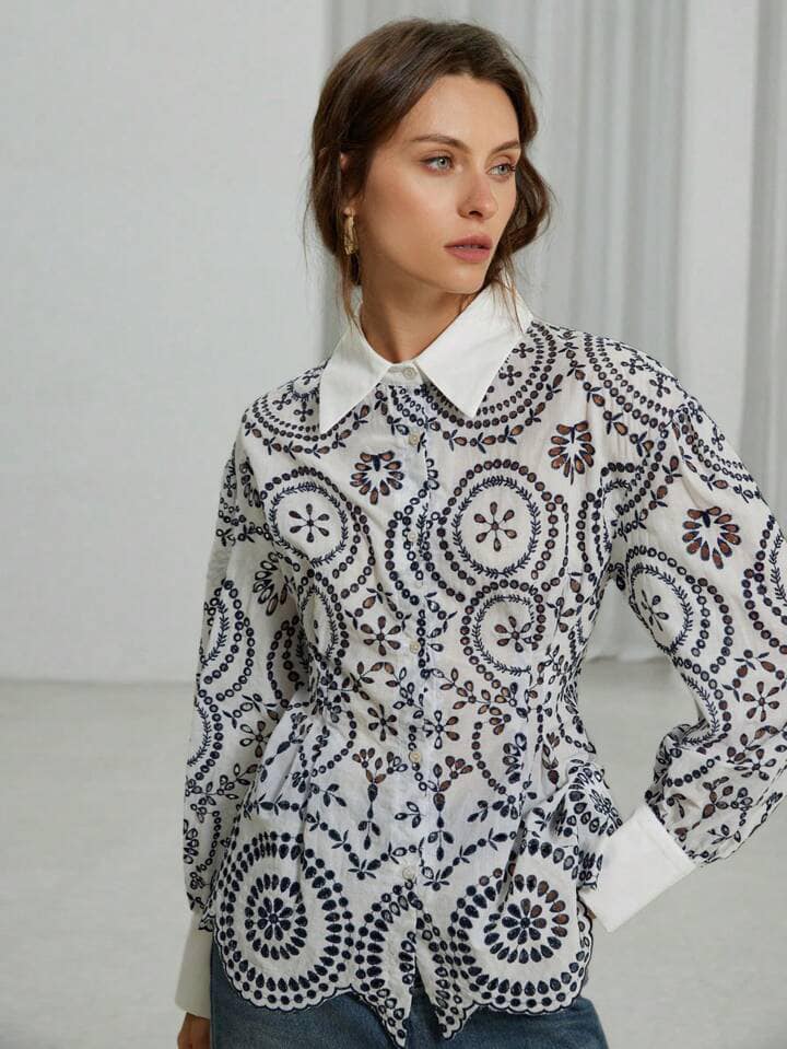 CM-BS876507 Women Trendy Bohemian Style Long Sleeve Trim Line Embroidered Collar Splicing Blouse