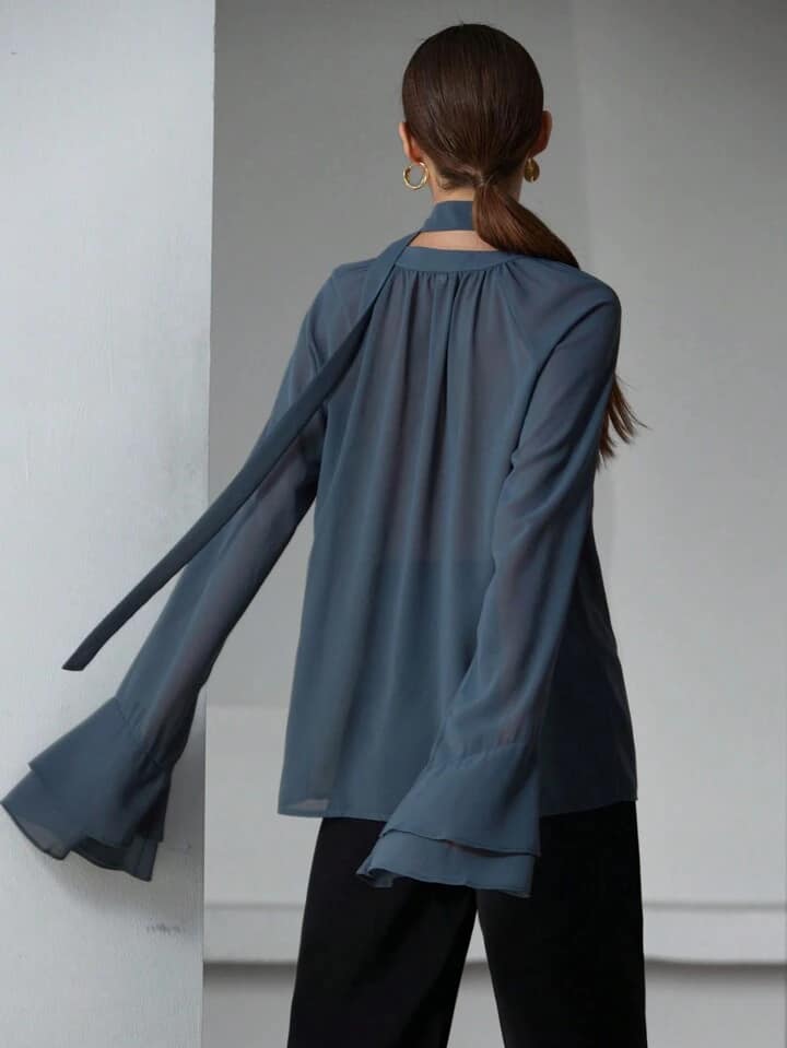 CM-TS545045 Women Elegant Seoul Style Chiffon Sheer Ruffle Sleeve Stand Collar Long Sleeve Blouse