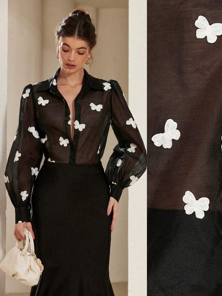 CM-TS286881 Women Casual Seoul Style Butterfly Embroidered Bishop Sleeve See-Through Collared Shirt