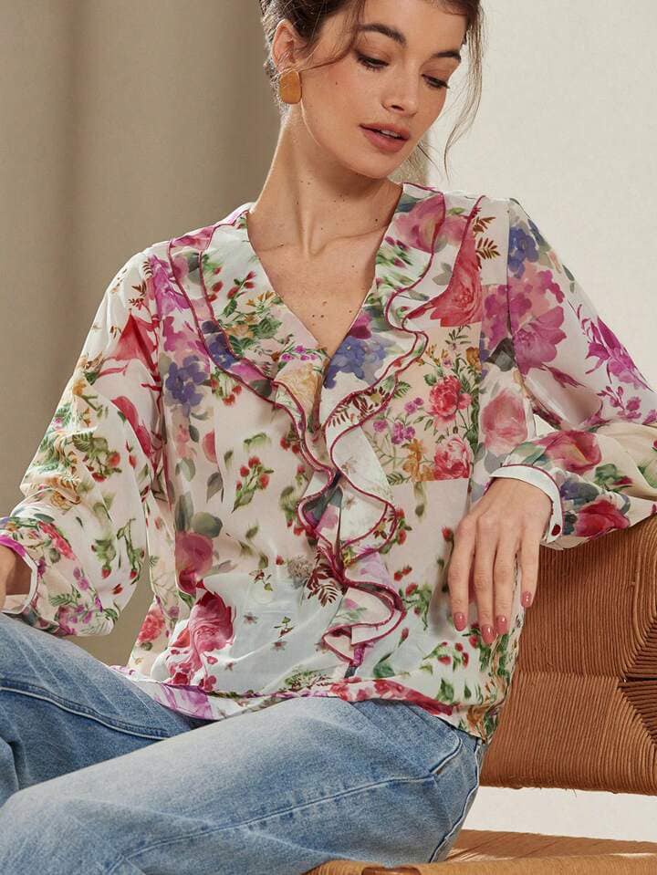 CM-TS828679 Women Trendy Bohemian Style Floral Print Layered Decorative Long Sleeve Blouse