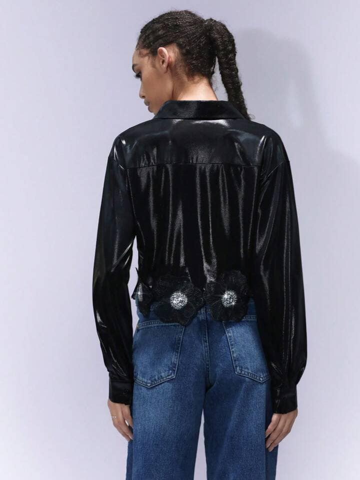 CM-TS144112 Women Elegant Seoul Style Sequined Metallic Puff Sleeve Embellished Floral Cropped Blouse