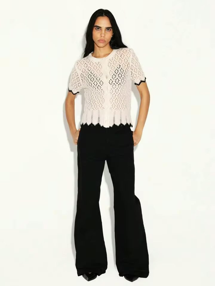 CM-TS431191 Women Trendy Bohemian Style Contrast Trim Short Sleeve Open Front Knit Cardigan Top