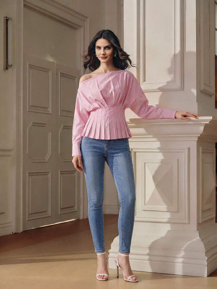 CM-TS377827 Women Elegant Seoul Style Pleated Asymmetric Shoulder Striped Long Sleeve Top - Pink