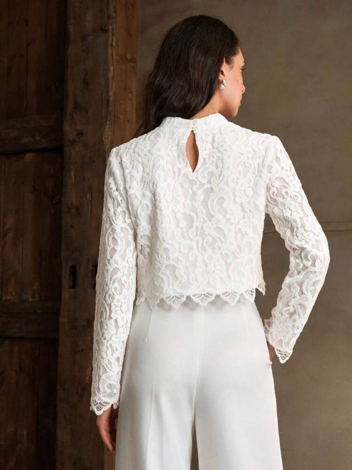 CM-TS170821 Women Elegant Seoul Style Lace Stand Collar Long Sleeve High Waist Chic Top - White