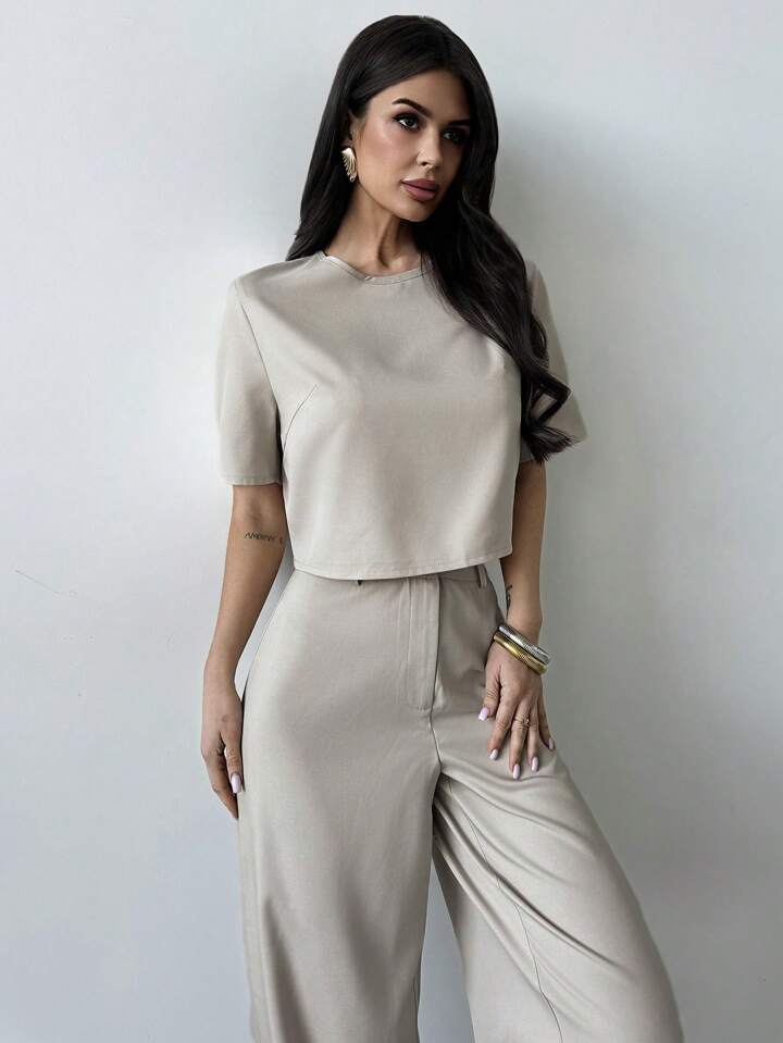 CM-SS569920 Women Casual Seoul Style Solid Color Round Neck Cropped Shirt With Wide Leg Pants - Set