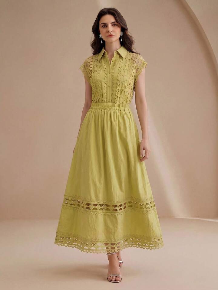 CM-SS636973 Women Elegant Seoul Style Hollow Floral Splice Collar Neckline Sleeveless Shirt With Flared Skirt - Set