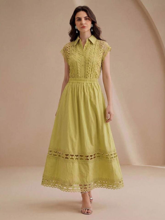 CM-SS636973 Women Elegant Seoul Style Hollow Floral Splice Collar Neckline Sleeveless Shirt With Flared Skirt - Set