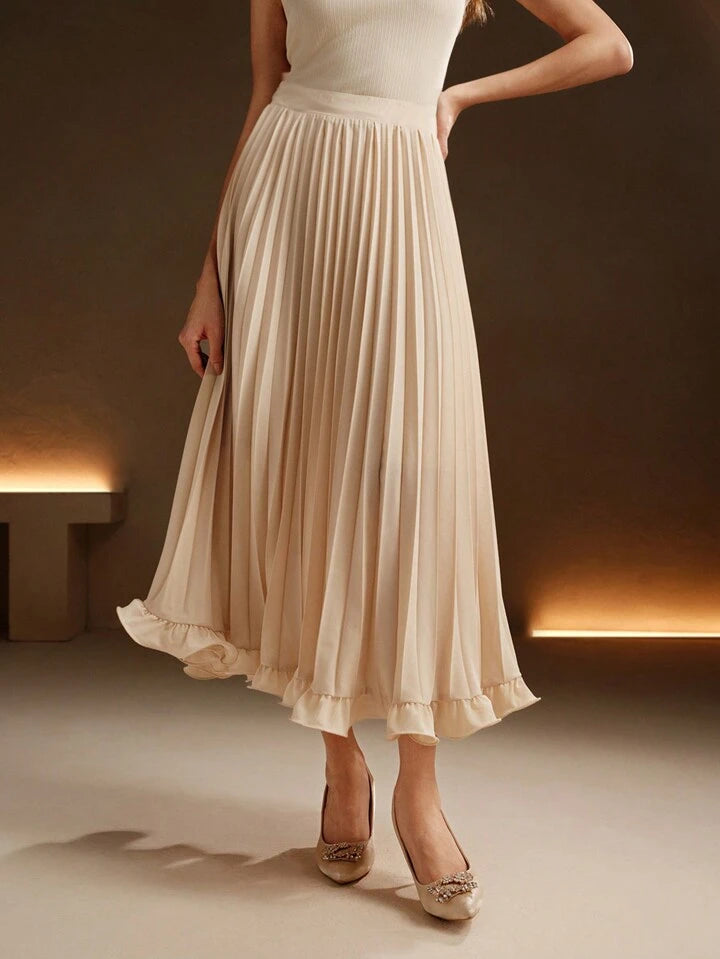 CM-BS741398 Women Elegant Seoul Style Pleated Woven Ruffle Hem Long Skirt - Apricot