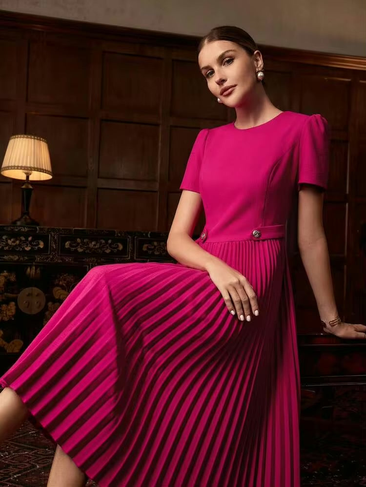CM-DS609773 Women Elegant Seoul Style Round Neck Puff Sleeve Pleated Hem A-Line Mid-Length Dress - Hot Pink