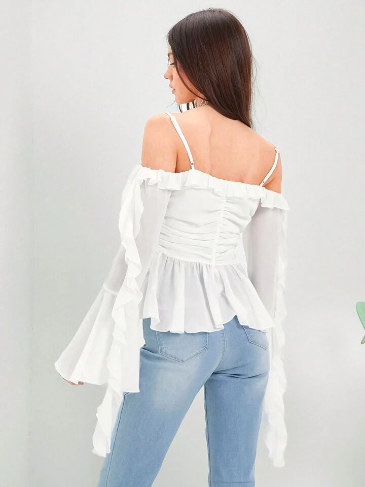 CM-TS063968 Women Trendy Bohemian Style Off-Shoulder Ruffle Hemline Pleats Shirts - White