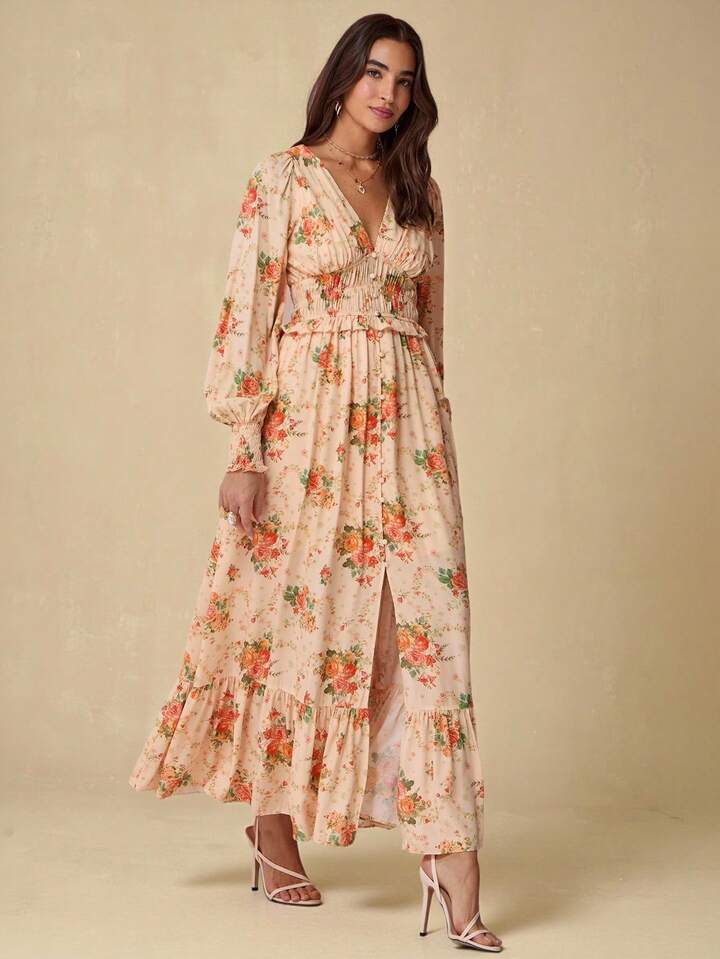 CM-DS402014 Women Elegant Seoul Style Floral Print V-Neck Long Sleeve High Waist Maxi Dress - Orange