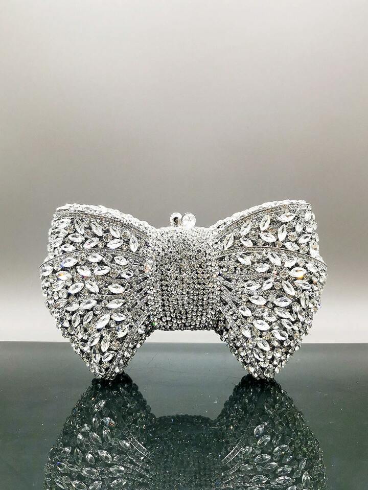 CM-BGS200126 Women Trendy Seoul Style Handmade Rhinestone Embellished Bow Clutch Purse - Silver