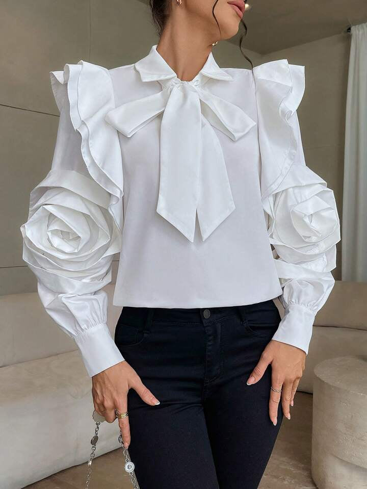 CM-TS179777 Women Elegant Seoul Style Bow Tie Stand Collar Lantern Sleeve Slim Fit Blouse - White
