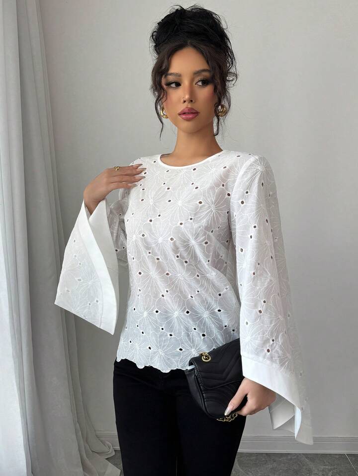 CM-TS905519 Women Casual Seoul Style Round Neck Exaggerated Flare Sleeve Embroidered Hollow Out Shirt
