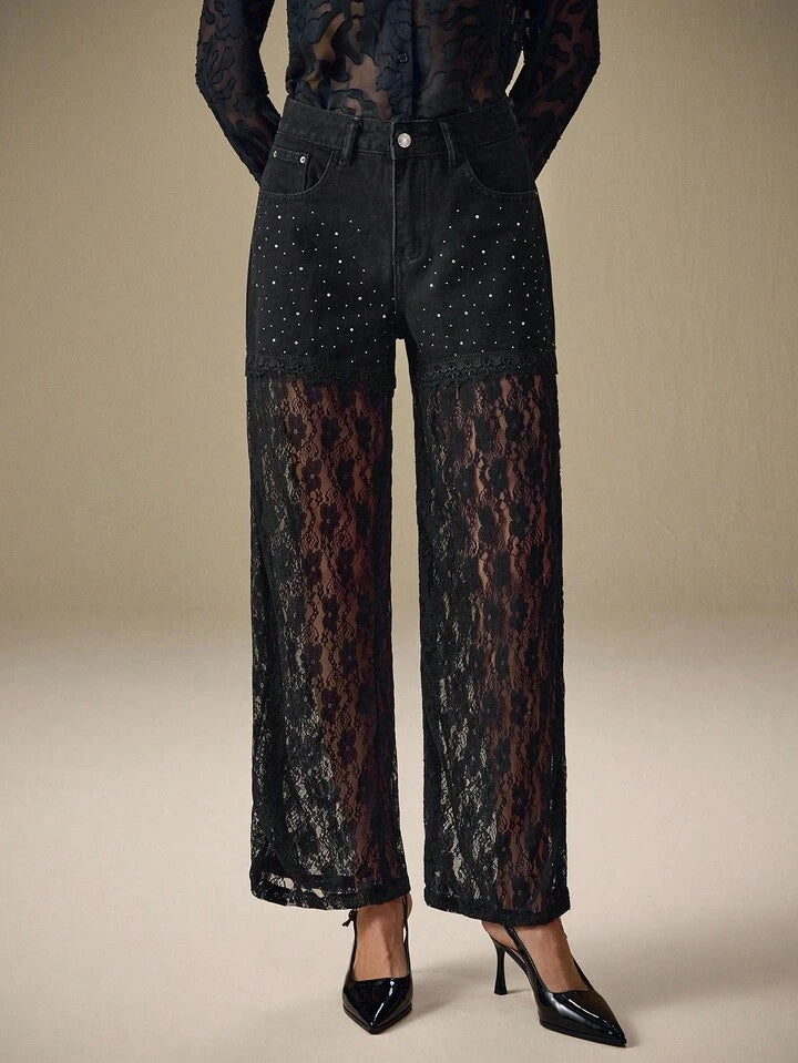 CM-BS245569 Women Elegant Seoul Style Lace Patchwork Rhinestone Embellished Straight-Leg Denim Jeans - Black