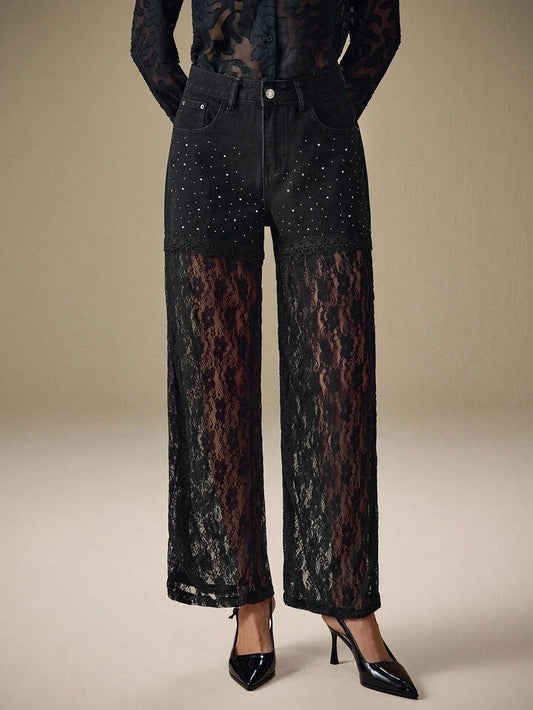 CM-BS245569 Women Elegant Seoul Style Lace Patchwork Rhinestone Embellished Straight-Leg Denim Jeans - Black