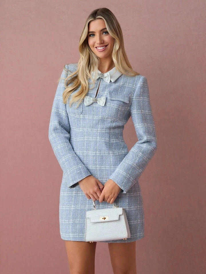 CM-DS788805 Women Elegant Seoul Style Plaid Print Bow Decor Collar Neckline Long Sleeve Mini Dress - Blue