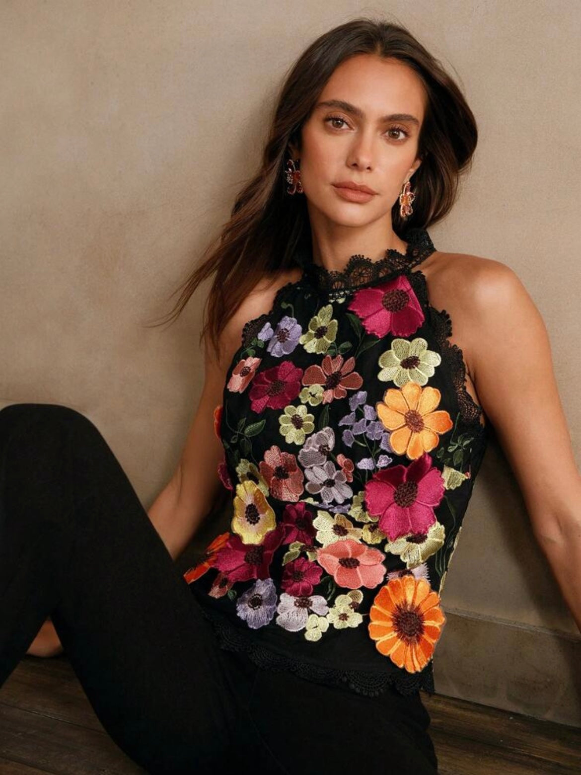 CM-TS009607 Women Elegant Seoul Style Sleeveless 3D Floral Colorful Blouse - Black