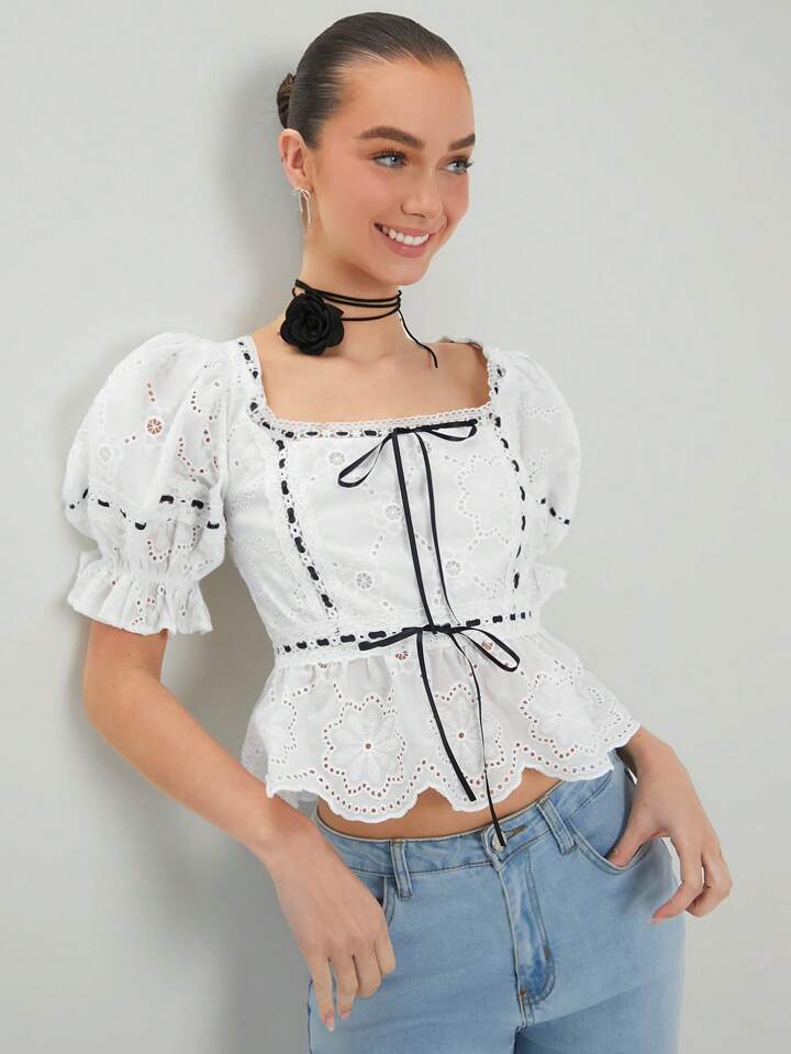 CM-TS202231 Women Trendy Bohemian Style Hollow Out Embroidery Lace Up Square Neck Blouse