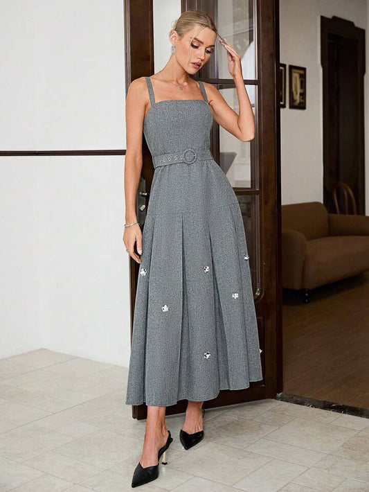 CM-DS414944 Women Elegant Seoul Style Spaghetti Strap Sleeveless Beaded Dress - Dark Gray