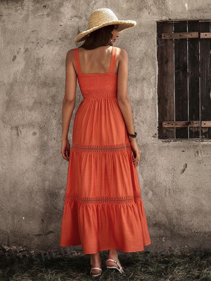 CM-DS876164 Women Trendy Bohemian Style Monochrome Lace Patchwork Suspender Dress - Orange