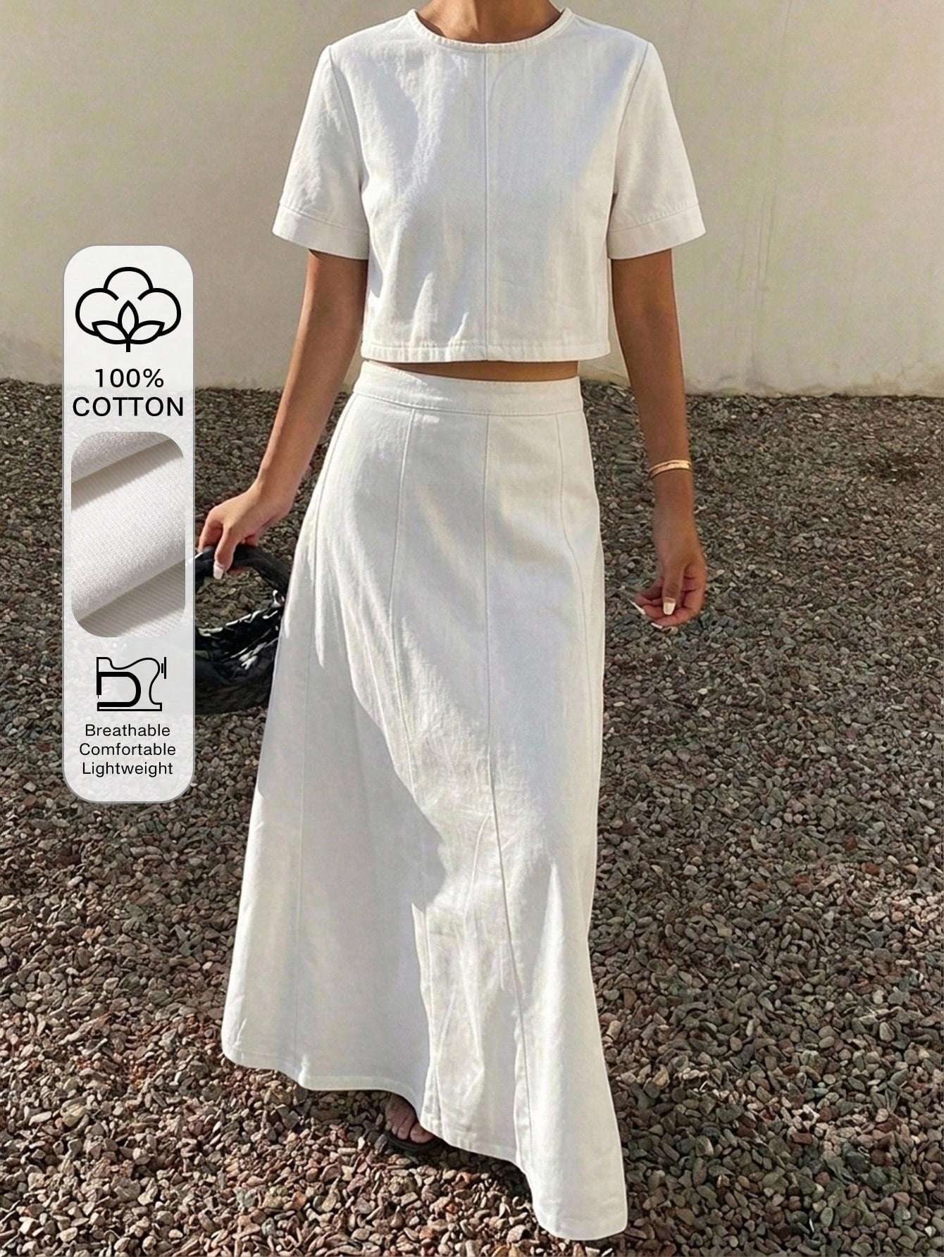 CM-SS600501 Women Casual Seoul Style Round Neck Short Sleeve Cropped Top With High Waist A-Line Long Denim Skirt - Set