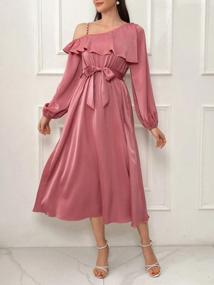 CM-DS197837 Women Elegant Seoul Style Asymmetric Collar Ruffle Hem A-Line Dress - Hot Pink