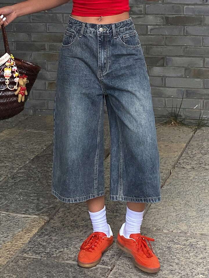CM-BS665377 Women Casual Seoul Style Distressed Patch Pocket Wide Leg Jeans - Blue