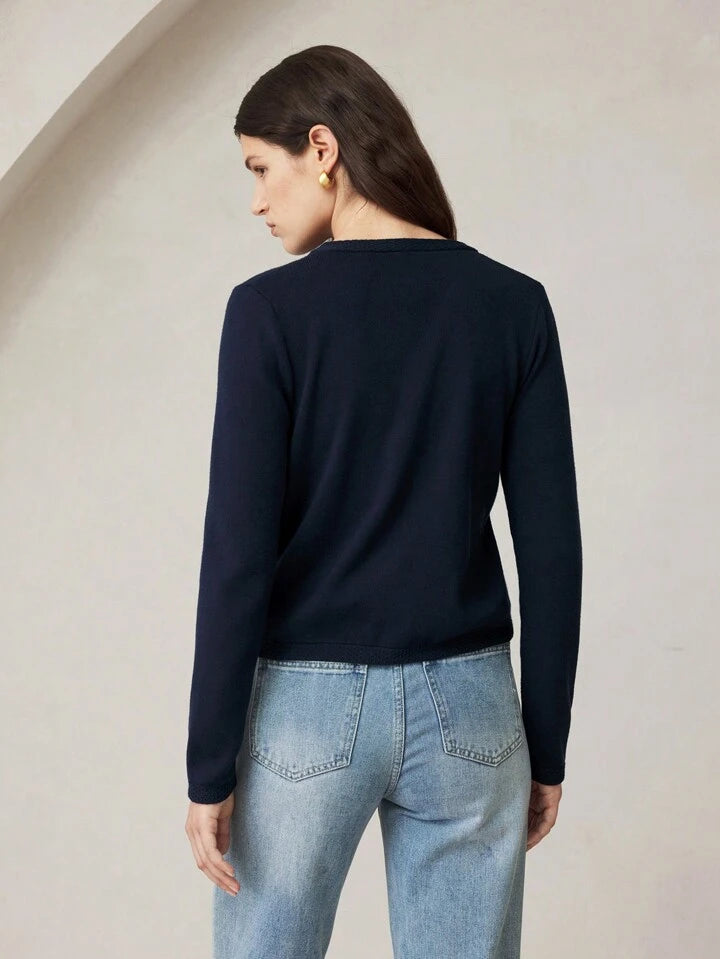 CM-CS353335 Women Casual Seoul Style Crew Neck Long Sleeve Cardigan Sweater - Navy Blue