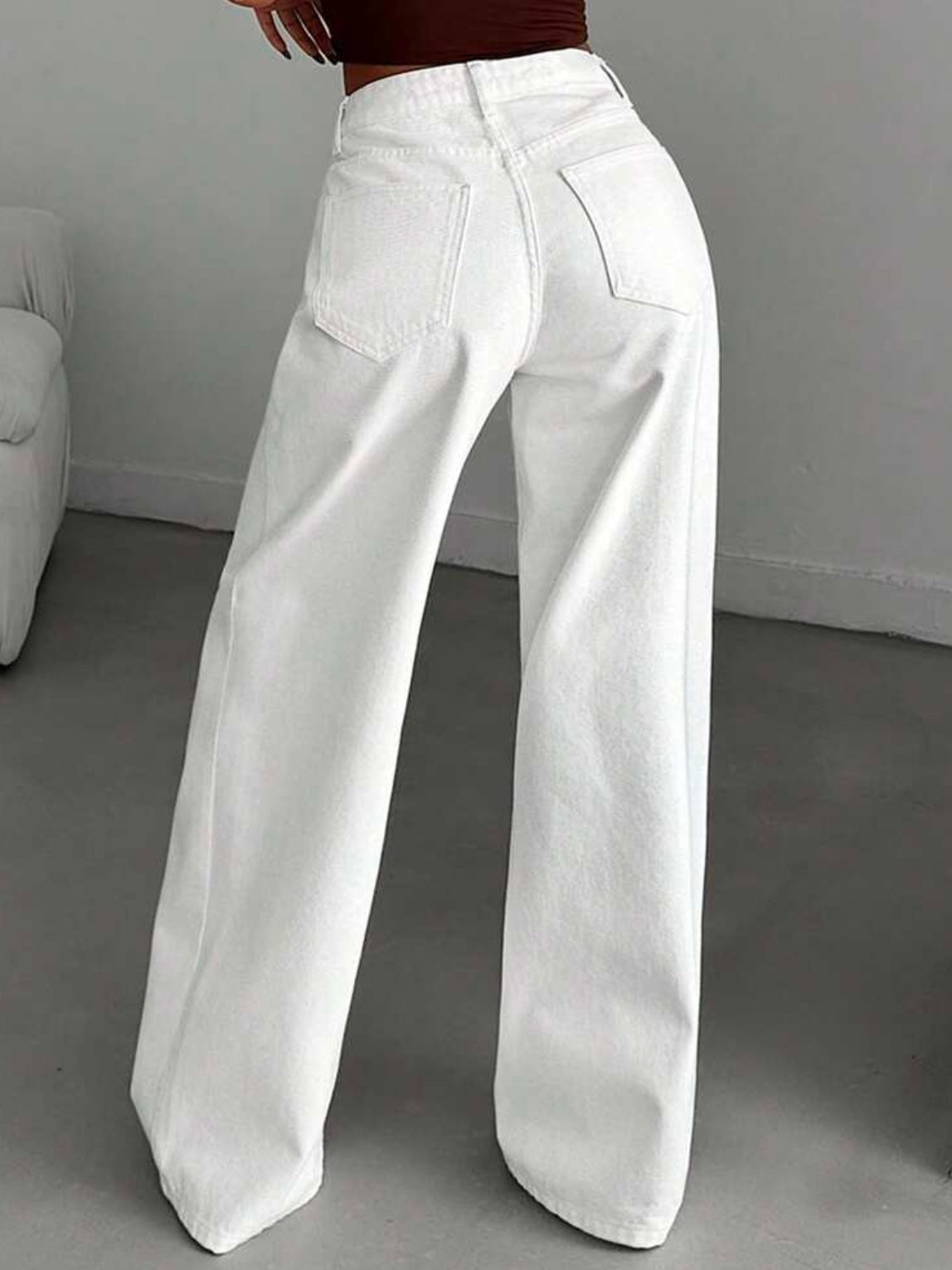 CM-BS264848 Women Casual Seoul Style High-Waisted Wide-Leg Denim Jeans - White