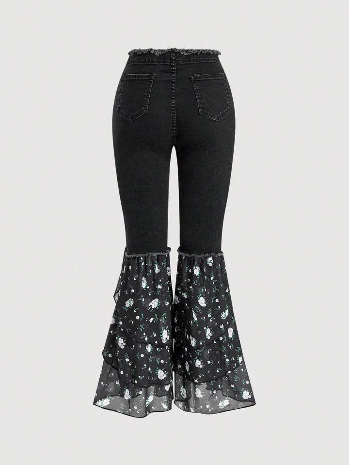CM-BS192717 Women Casual Seoul Style Floral Print Patchwork Multi-Layer Mesh Hem Flare Jeans - Black