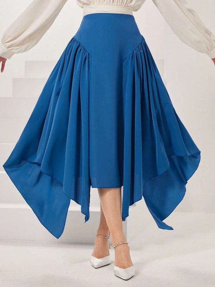 CM-BS168235 Women Elegant Seoul Style Solid Color Asymmetric Hem Skirt - Blue