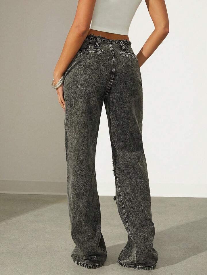 CM-BS049128 Women Casual Seoul Style Pocket Ripped Leg Loose Wide Leg Jeans - Light Gray