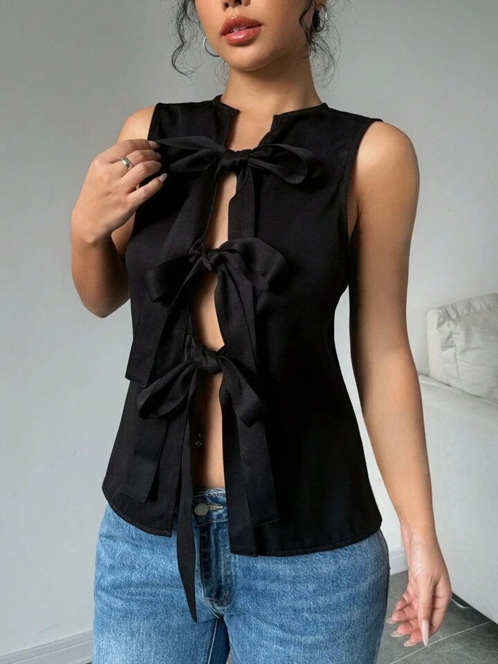 CM-TS907404 Women Casual Seoul Style Solid Color Tie Strap Sleeveless Top - Black